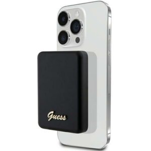 Indukčná powerbanka Guess MagSafe Metal Script Logo 5 W 3000 mAh – čierna