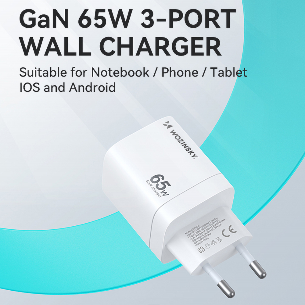 Sieťová nabíjačka Wozinsky CGWCW 65 W GaN USB-A / 2x USB-C – biela – Obrázok 6