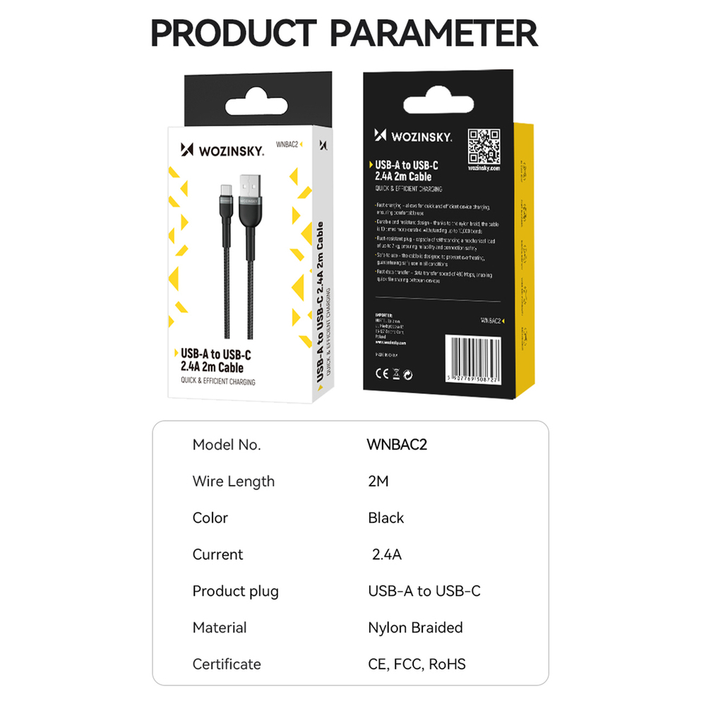 Kábel Wozinsky WNBAC1 USB-A – USB-C 2,4 A, 1 m – čierna – Obrázok 5