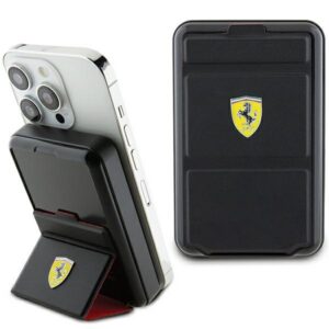 Indukčná powerbanka Ferrari Metal Logo MagSafe 15 W 10 000 mAh s funkciou stojana – čierna