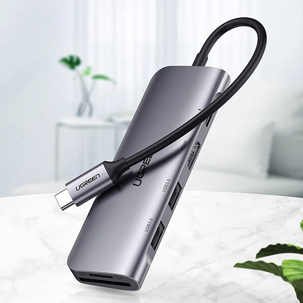 Adaptér Ugreen CM195 6v1 USB-C na HDMI / 2x USB-A 3.0 / USB-C PD / čítačka SD a TF – sivá – Obrázok 2