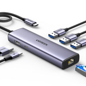 USB hub Ugreen CM512 15598 6v1 USB-C na 3x USB-A 3.0 / HDMI / RJ45 / USB-C PD – sivá