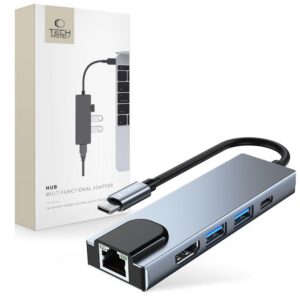USB hub Tech-Protect V3 5v1 USB-C na USB-A 3.0 / USB-A 2.0 / USB-C / HDMI / RJ45 – sivá
