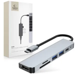 USB hub Tech-Protect V4 6v1 USB-C na USB-A 3.0 / USB-A 2.0 / USB-C / HDMI / čítačka kariet microSD/TF/SD – sivá