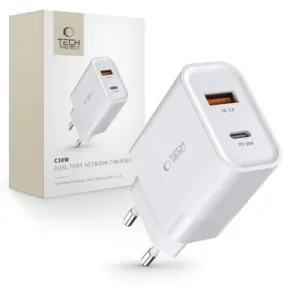 Sieťová nabíjačka Tech-Protect C30W USB-C PD 30 W / USB-A QC 3.0 – biela