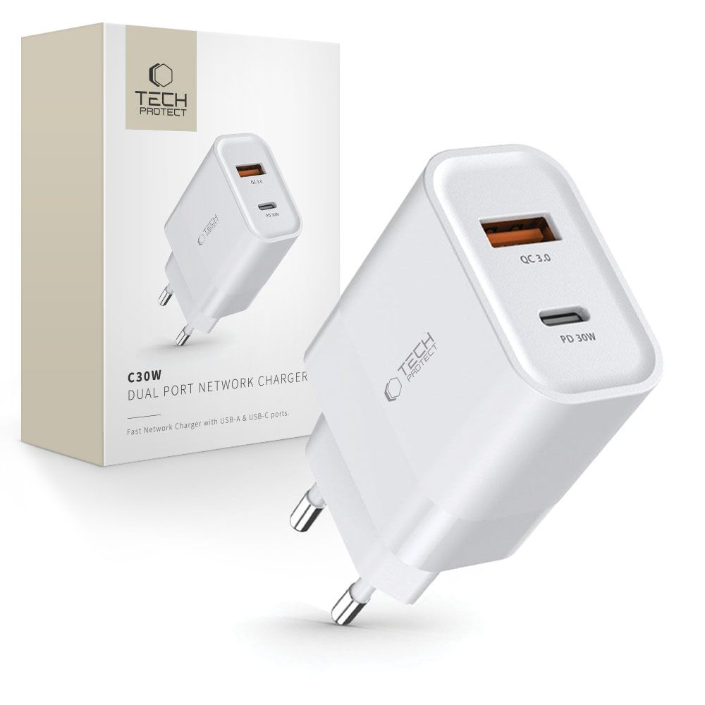 Nabíjačka Tech-Protect C30W USB-C PD 30W / USB-A QC 3.0 – biela