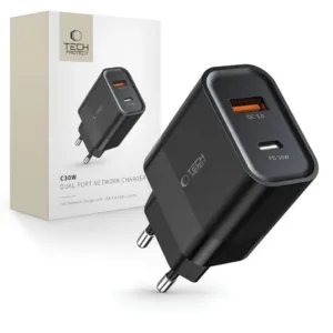 Sieťová nabíjačka Tech-Protect C30W USB-C PD 30 W / USB-A QC 3.0 – čierna