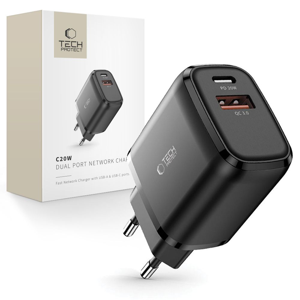 Nabíjačka Tech-Protect C20W USB-C PD 20W / USB-A QC 3.0 – čierna