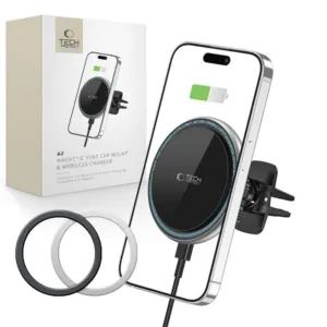 Držiak do auta Tech-Protect A2 s bezdrôtovou nabíjačkou MagSafe 15 W do mriežky ventilácie – čierna