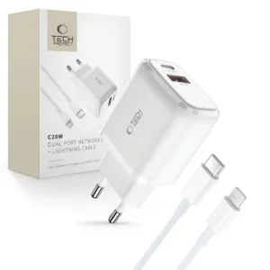 Sieťová nabíjačka Tech-Protect C20W USB-C PD 20 W / USB-A QC 3.0 s káblom USB-C na Lightning – biela