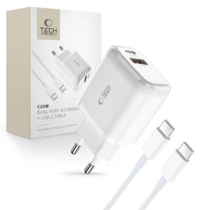 Sieťová nabíjačka Tech-Protect C20W USB-C PD 20 W / USB-A QC 3.0 s káblom USB-C na USB-C – biela