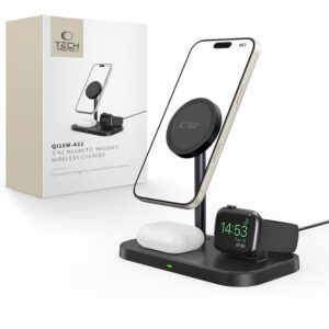 Bezdrôtová nabíjačka Tech-Protect QI15W-A22 MagSafe so stojanom 3v1 pre smartfón, Apple Watch a AirPods – čierna