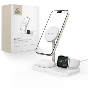 Bezdrôtová nabíjačka Tech-Protect QI15W-A22 MagSafe so stojanom 3v1 pre smartfón, Apple Watch a AirPods – biela