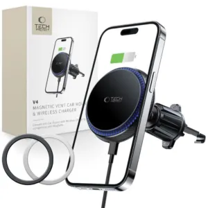 Držiak do auta Tech-Protect MM15W-V4 s bezdrôtovou nabíjačkou MagSafe 15 W do mriežky ventilácie – čierna