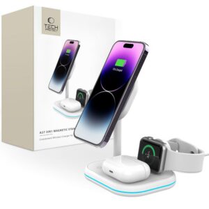 Bezdrôtová nabíjačka Tech-Protect QI15W-A27 3-in-1 s MagSafe stand pre smartphone / Apple Watch / AirPods – biela