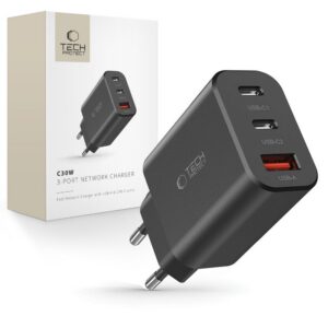 Sieťová nabíjačka Tech-Protect NC30W 2x USB-C PD 30 W / USB-A QC 3.0 – čierna