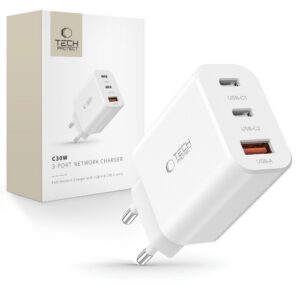 Sieťová nabíjačka Tech-Protect NC30W 2x USB-C PD 30 W / USB-A QC 3.0 – biela