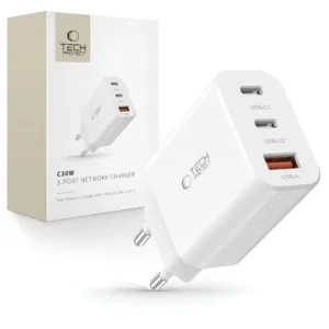 Sieťová nabíjačka Tech-Protect NC30W 2x USB-C PD 30 W / USB-A QC 3.0 – biela