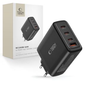 Sieťová nabíjačka Tech-Protect NC100W-GAN GaN 3x USB-C PD 100 W / USB-A QC 3.0 – čierna