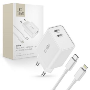 Sieťová nabíjačka Tech-Protect C35W 2x USB-C PD 35 W s káblom USB-C na Lightning – biela