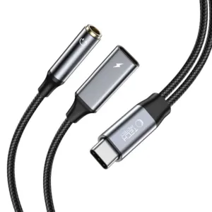 Adaptér Tech-Protect UltraBoost USB-C (samec) PD 60 W, 6 A – mini jack 3,5 mm (samica) + USB-C (samica) – čierna