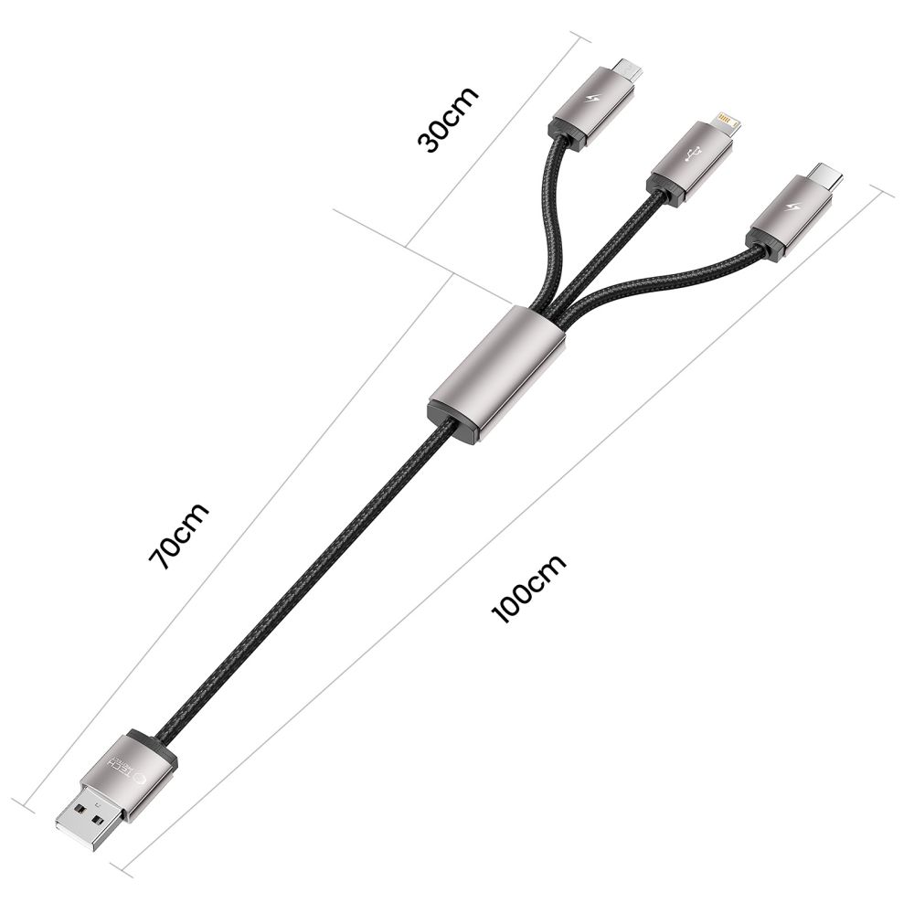 Kábel 3v1 Tech-Protect UltraBoost USB-A – Lightning / USB-C / micro USB 3,5 A, 1 m – sivá – Obrázok 2