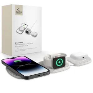 Indukčná nabíjačka Tech-Protect QI15W-A32 3v1 s MagSafe pre smartfón / Apple Watch / AirPods – sivá