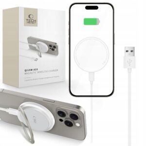 Indukčná nabíjačka Tech-Protect QI15W-A33 s MagSafe a stojanom, s káblom USB-A / USB-C – biela