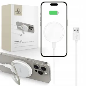 Indukčná nabíjačka Tech-Protect QI15W-A33 s MagSafe a stojanom, s káblom USB-A / USB-C – biela