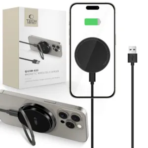 Indukčná nabíjačka Tech-Protect QI15W-A33 s MagSafe a stojanom, s káblom USB-A / USB-C – čierna