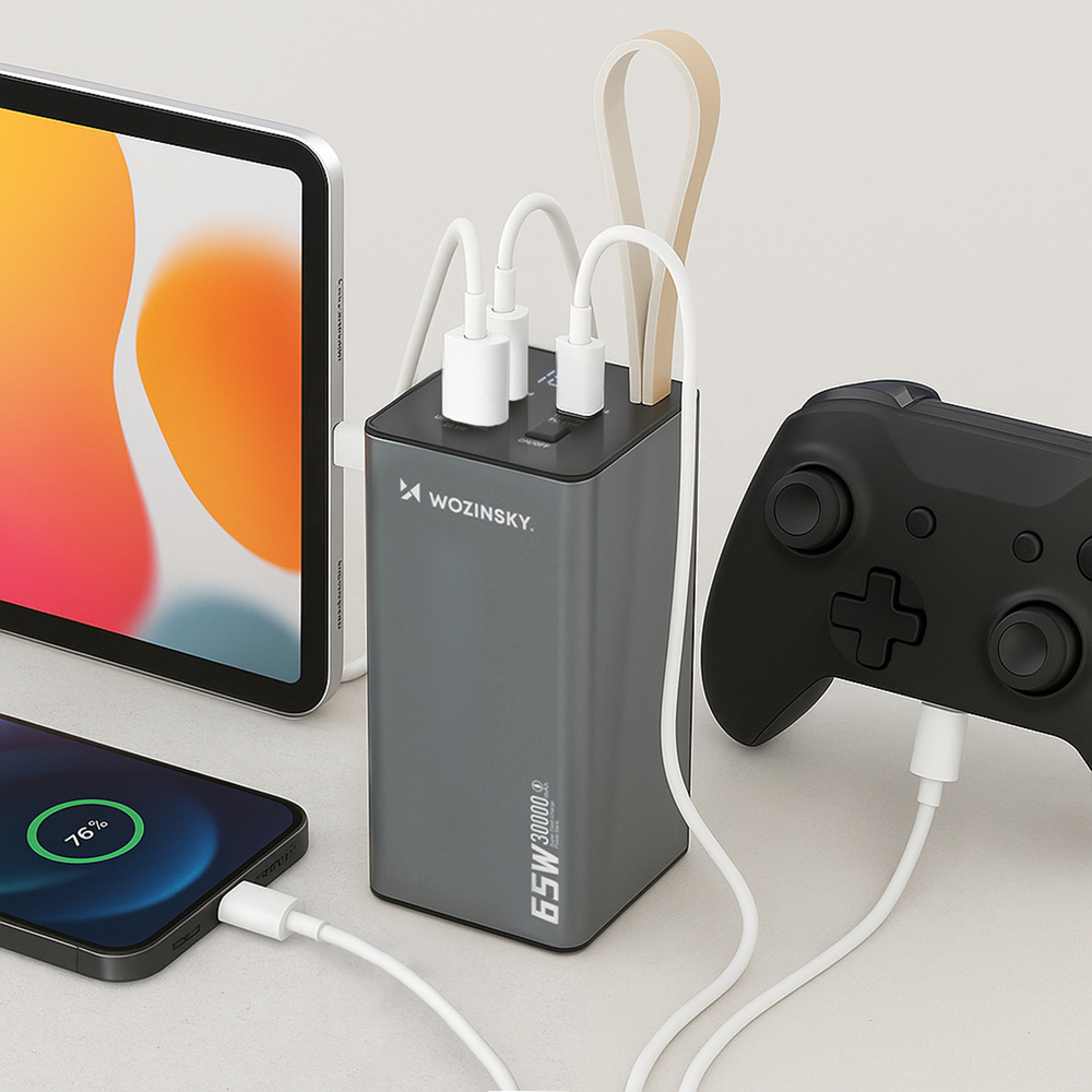 Powerbanka Wozinsky K65+ 65 W 30 000 mAh 2x USB-C, 1x USB-A – sivá – Obrázok 6