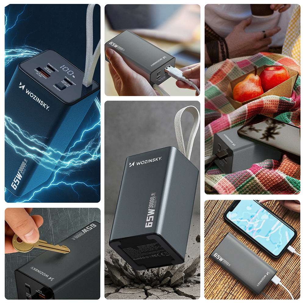 Powerbanka Wozinsky K65+ 65 W 30 000 mAh 2x USB-C, 1x USB-A – sivá – Obrázok 4