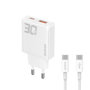 Sieťová nabíjačka Dudao A30EUT GaN 30 W USB-A / USB-C s káblom USB-C na USB-C – biela