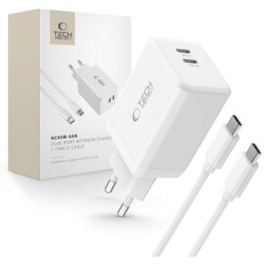 Sieťová nabíjačka Tech-Protect NC45W-GAN PD 45 W, 2 porty, s káblom USB-C – biela