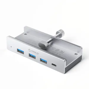 USB hub Orico MH4PC so svorkou na stôl, USB-C na 3x USB-A 3.0 + 1x USB-C 3.0 – strieborná