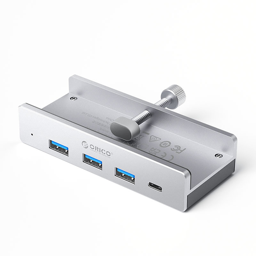 USB hub Orico MH4PC Clamp-Mounted USB-C / 3x USB-A 3.0 + 1x USB-C 3.0 – strieborná