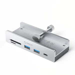 USB hub Orico MH5PC so svorkou na stôl, USB-C na 2x USB-A 3.2 + 1x USB-C 3.2 + čítačka SD a TF – strieborná