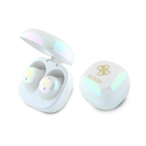 Bezdrôtové slúchadlá Guess GUTWSJ144ESH TWS Bluetooth s nabíjacím puzdrom a dúhovým logom 4G – biela