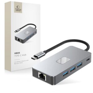 USB hub adaptér Tech-Protect HB05 9v1 USB-C: USB 2.0, USB 3.0, HDMI 4K 60 Hz, SD/TF, PD 100 W, RJ45 – sivá