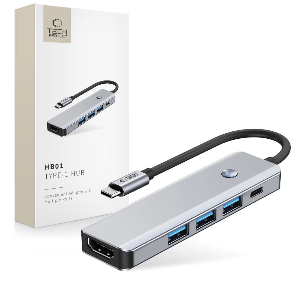 USB hub adaptér Tech-Protect HB01 5v1 USB-C: USB 3.0, HDMI 4K 60 Hz, PD 100 W – sivá