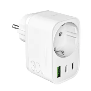 Sieťová nabíjačka Puro 30 W PD so zástrčkou a zásuvkou Schuko, 2x USB-C + 1x USB-A – biela