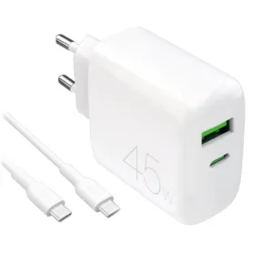 Sieťová nabíjačka Puro Daily Prolite 45 W USB-C + USB-A PD s káblom USB-C – biela
