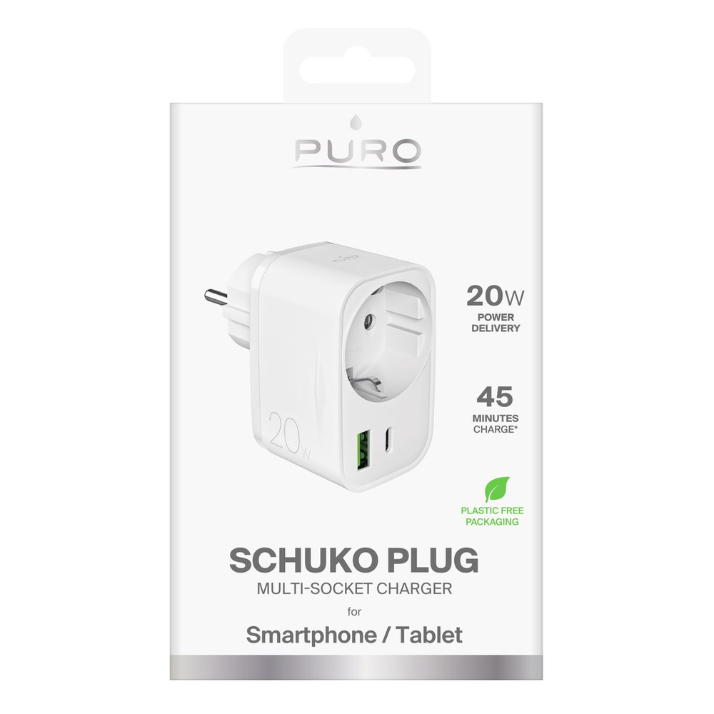 Sieťová nabíjačka Puro 20 W PD so zástrčkou a zásuvkou Schuko, 1x USB-C + 1x USB-A – biela – Obrázok 2