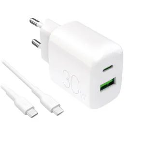 Sieťová nabíjačka Puro PROLITE 30 W USB-A / USB-C s káblom USB-C na USB-C 1,2 m – biela