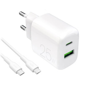 Sieťová nabíjačka Puro PROLITE 25 W USB-A / USB-C s káblom USB-C na USB-C 1,2 m – biela