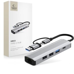 USB hub adaptér Tech-Protect HB03 5v1 USB-C: USB 2.0, USB 3.0, RJ45 – sivá