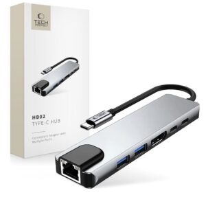 USB hub adaptér Tech-Protect HB02 6v1 USB-C: USB 2.0, USB 3.0, HDMI 4K 30 Hz, RJ45, PD 100 W – sivá