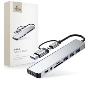 USB hub adaptér Tech-Protect HB06 8v1 USB-C: USB 2.0, USB 3.0, SD/TF, 3,5 mm audio – sivá