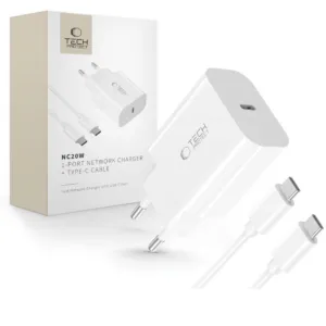 Sieťová nabíjačka Tech-Protect NC20W PD 20 W USB-C s káblom USB-C – biela