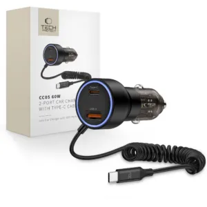 Nabíjačka do auta Tech-Protect CC05 PD 60 W, 2 porty, s káblom USB-C – čierna